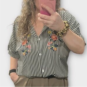 Tops Striped Black and White Blouse Floral Embroidery | Plus Size 0X